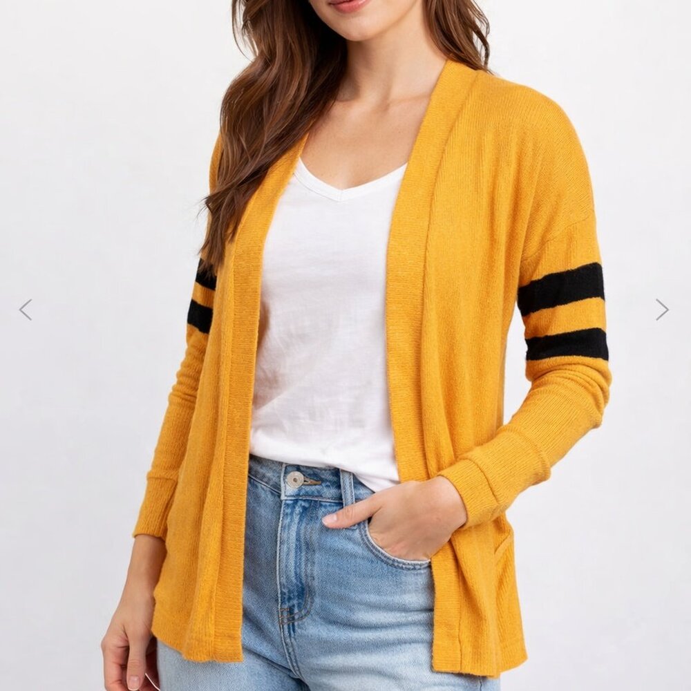 Heart & Hips Ribbed Short Cardigan – Yellow w/ Black Sleeve Stripes, Size M